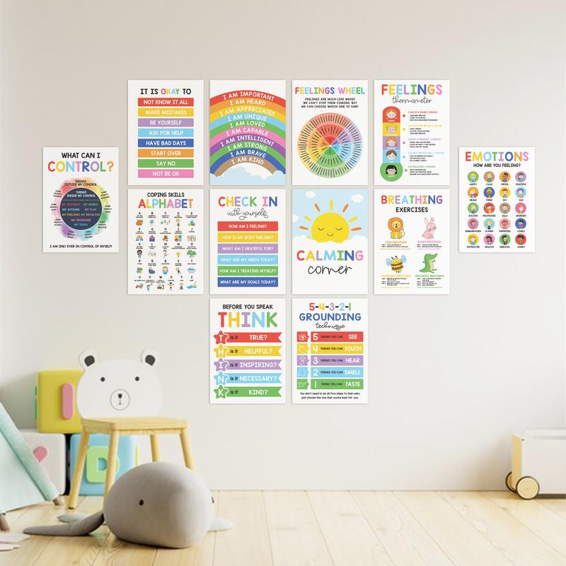 12 Pcs Calming Corner Posters / Emotions Chart & Feelings Wheel for Kids
