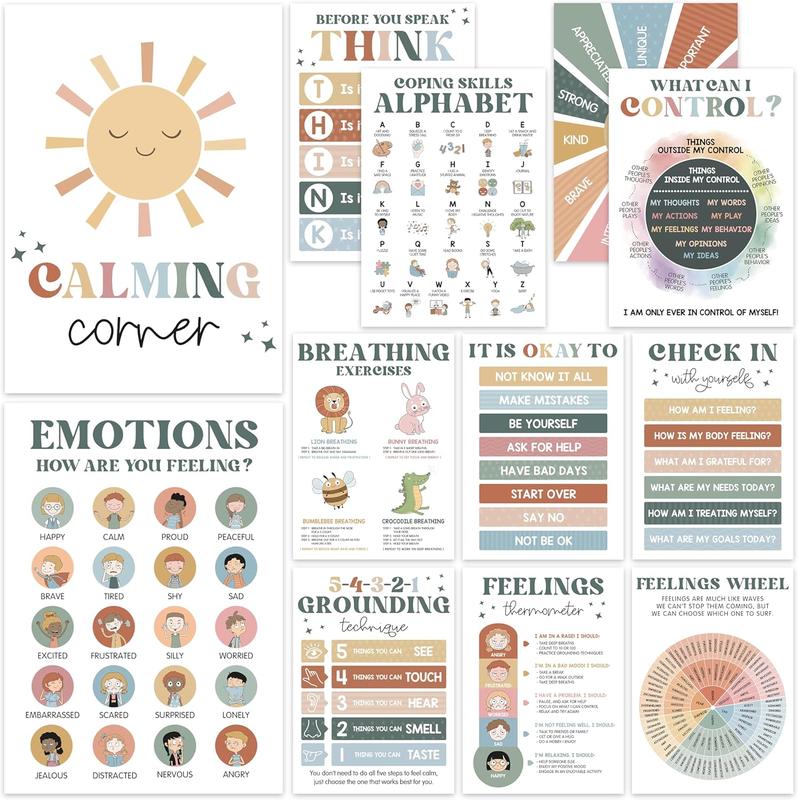 12 Pcs Calming Corner Posters / Emotions Chart & Feelings Wheel for Kids