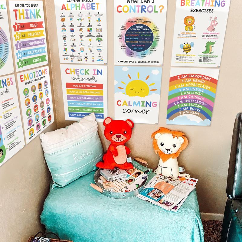 12 Pcs Calming Corner Posters / Emotions Chart & Feelings Wheel for Kids