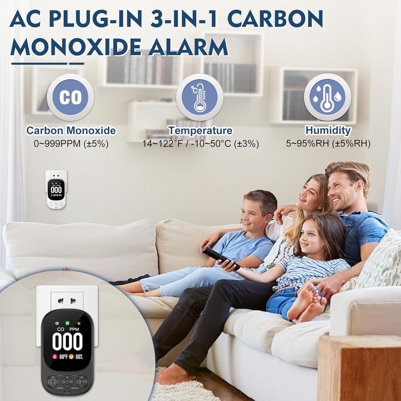 Carbon Monoxide Detector Plug in Wall, 3-in-1 CO Level Monitor Alarm with Temp/Humidity Sensor
