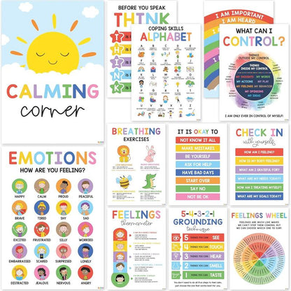 12 Pcs Calming Corner Posters / Emotions Chart & Feelings Wheel for Kids