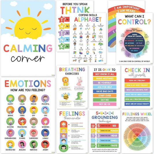 12 Pcs Calming Corner Posters / Emotions Chart & Feelings Wheel for Kids