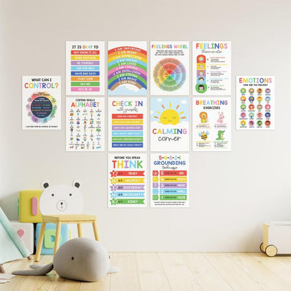12 Pcs Calming Corner Posters / Emotions Chart & Feelings Wheel for Kids