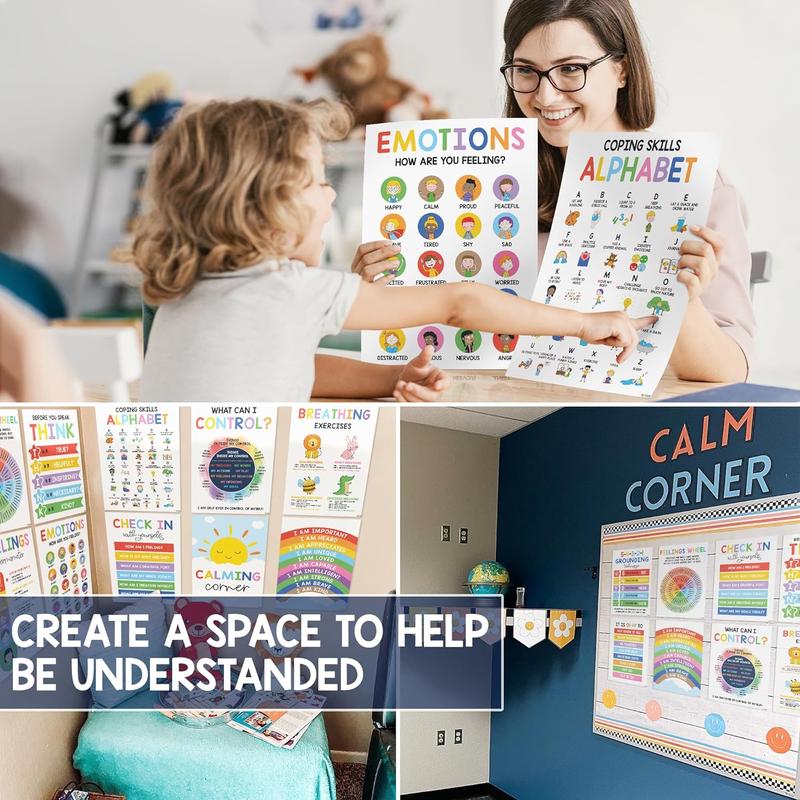 12 Pcs Calming Corner Posters / Emotions Chart & Feelings Wheel for Kids
