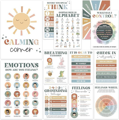 12 Pcs Calming Corner Posters / Emotions Chart & Feelings Wheel for Kids