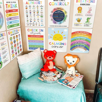 12 Pcs Calming Corner Posters / Emotions Chart & Feelings Wheel for Kids