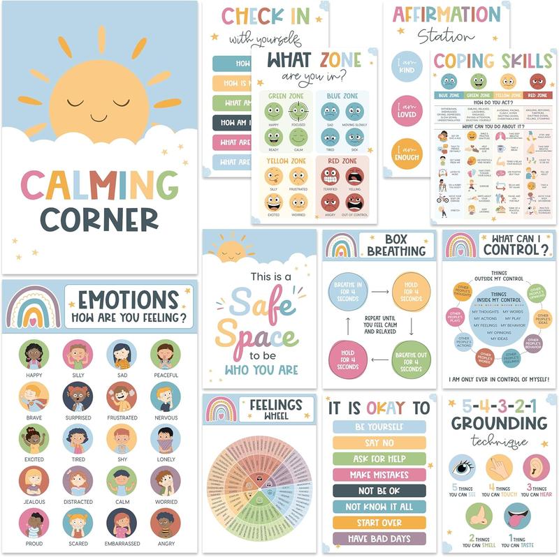 12 Pcs Calming Corner Posters / Emotions Chart & Feelings Wheel for Kids