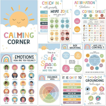 12 Pcs Calming Corner Posters / Emotions Chart & Feelings Wheel for Kids