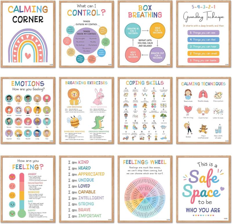 12 Pcs Calming Corner Posters / Emotions Chart & Feelings Wheel for Kids