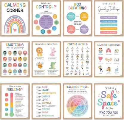 12 Pcs Calming Corner Posters / Emotions Chart & Feelings Wheel for Kids