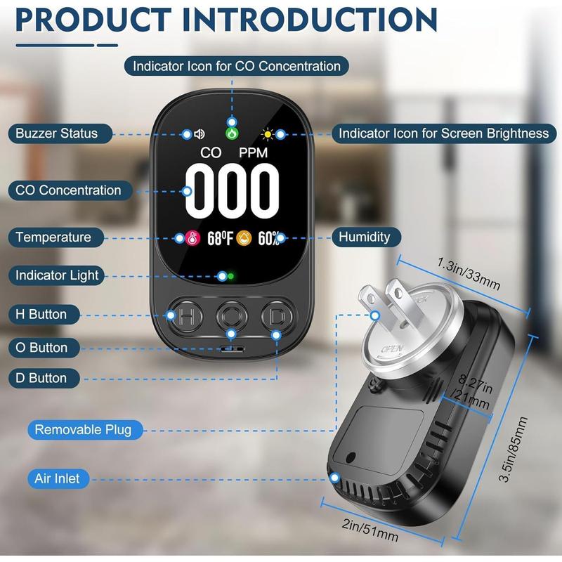 Carbon Monoxide Detector Plug in Wall, 3-in-1 CO Level Monitor Alarm with Temp/Humidity Sensor
