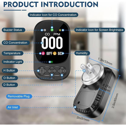 Carbon Monoxide Detector Plug in Wall, 3-in-1 CO Level Monitor Alarm with Temp/Humidity Sensor