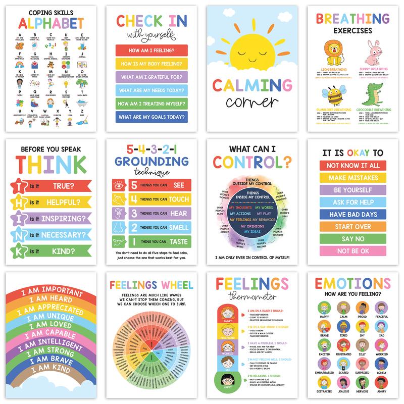 12 Pcs Calming Corner Posters / Emotions Chart & Feelings Wheel for Kids
