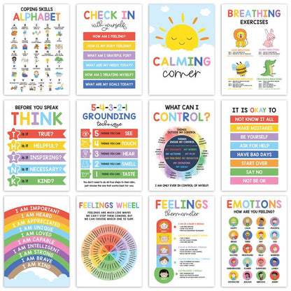 12 Pcs Calming Corner Posters / Emotions Chart & Feelings Wheel for Kids